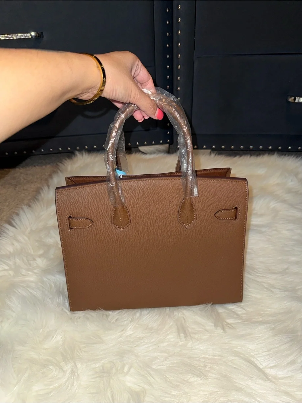 Hermès-style Brown Leather Top-Handle Tote with Yellow Charm